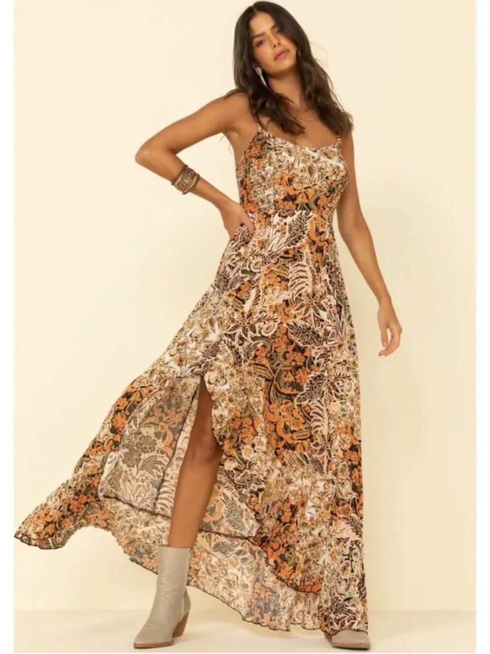 Free People Forever Yours Smocked Slip Dress Small MSRP $108 Sundress Maxi Slit